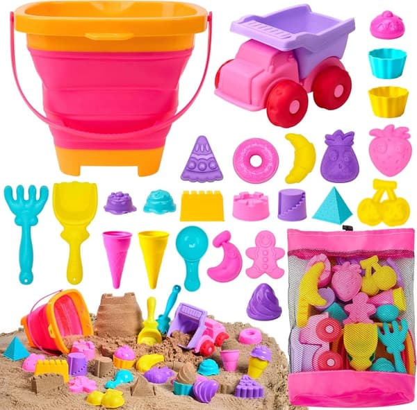 Pink Beach Sand Toys Set for Kids - Dump Truck, Buckets & Molds