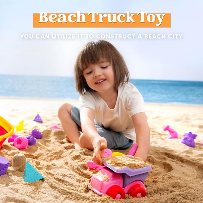 Pink Beach Sand Toys Set for Kids - Dump Truck, Buckets & Molds