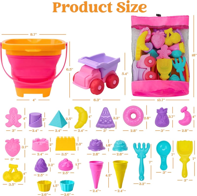 Pink Beach Sand Toys Set for Kids - Dump Truck, Buckets & Molds