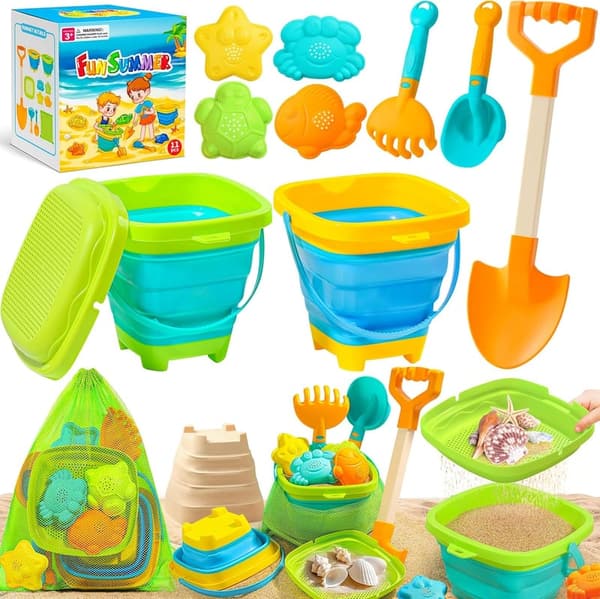 Collapsible Beach Sand Toys Set with Bucket, Shovels & Molds