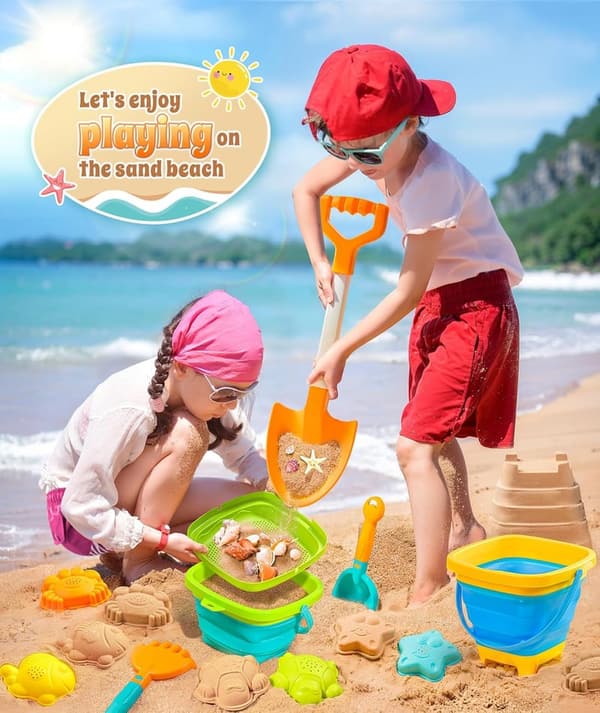 Collapsible Beach Sand Toys Set with Bucket, Shovels & Molds