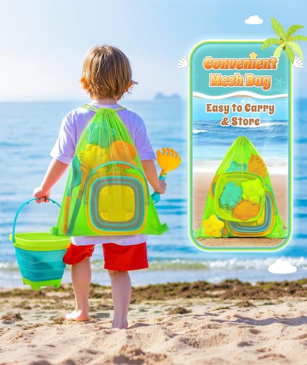 Collapsible Beach Sand Toys Set with Bucket, Shovels & Molds