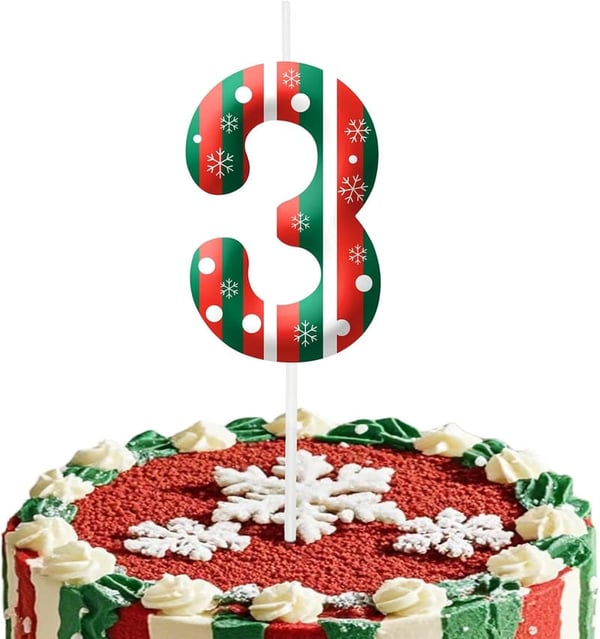 Christmas Birthday Cake Topper Candle - Number 3 Candle