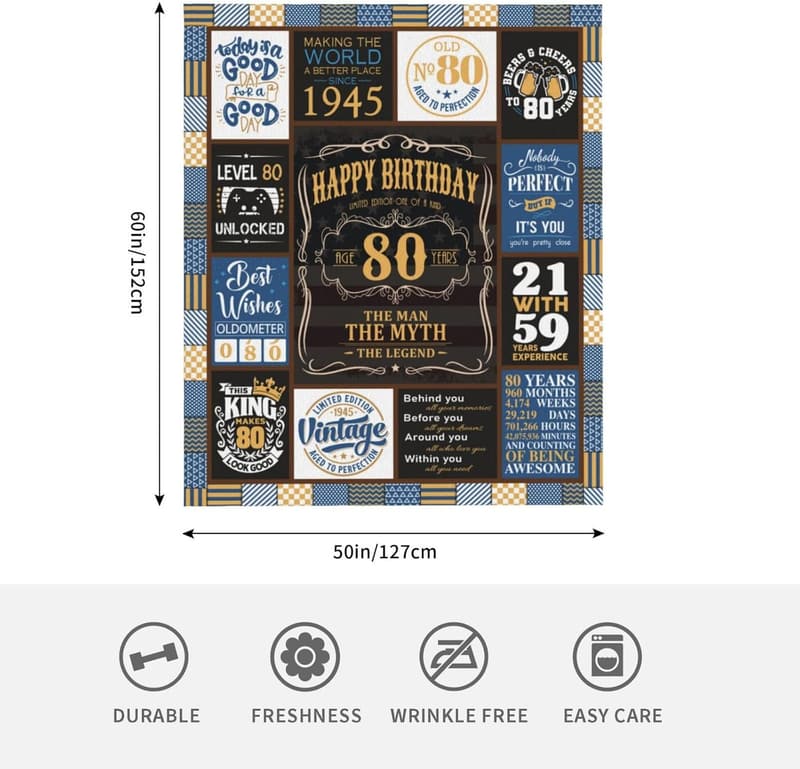 80th Birthday Blanket 60x50 inches for Men