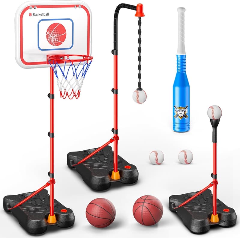Kids' Adjustable Basketball Hoop & T-Ball Set - Outdoor Gift