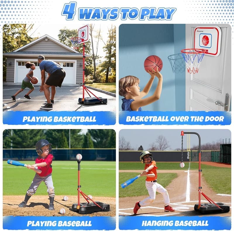Kids' Adjustable Basketball Hoop & T-Ball Set - Outdoor Gift