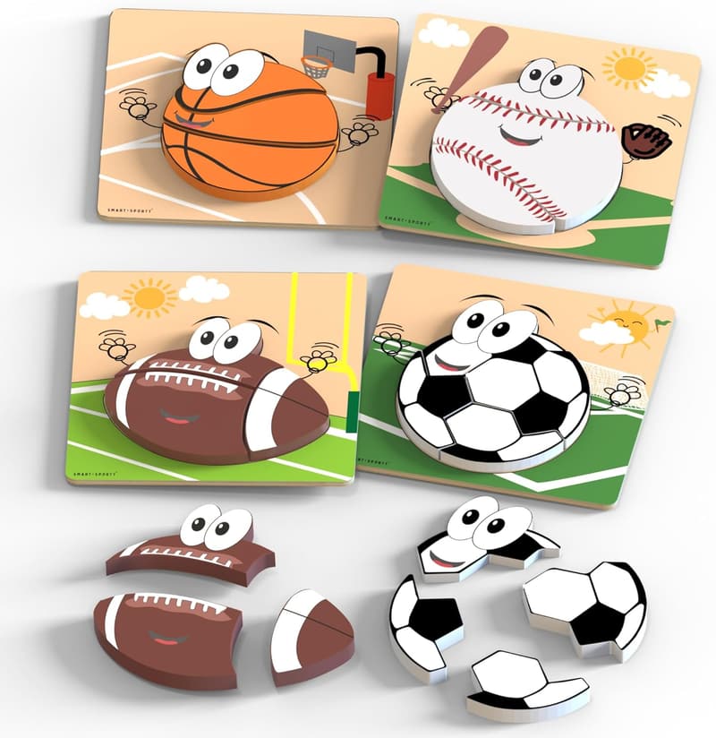 Sports-Themed Wooden Puzzles for Toddlers (Ages 2-4)