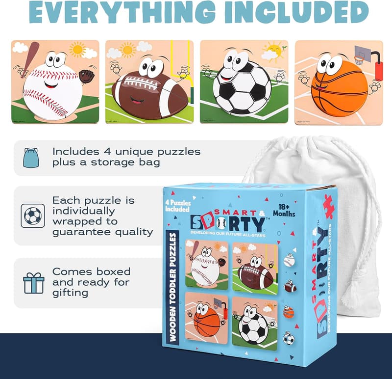 Sports-Themed Wooden Puzzles for Toddlers (Ages 2-4)