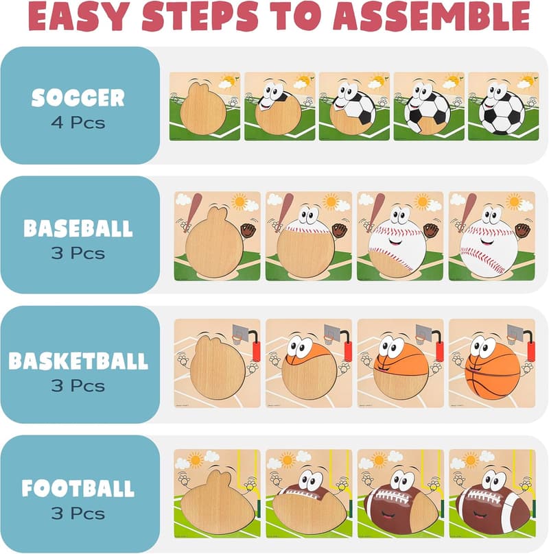 Sports-Themed Wooden Puzzles for Toddlers (Ages 2-4)