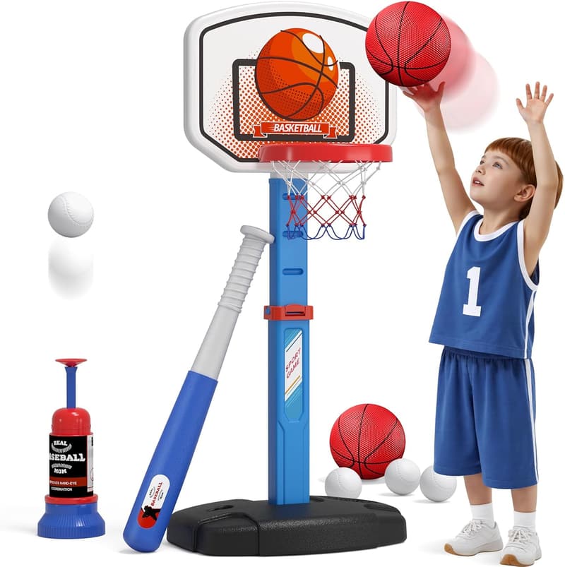 Adjustable Kids Basketball Hoop & T-Ball Set with Pitching Machine
