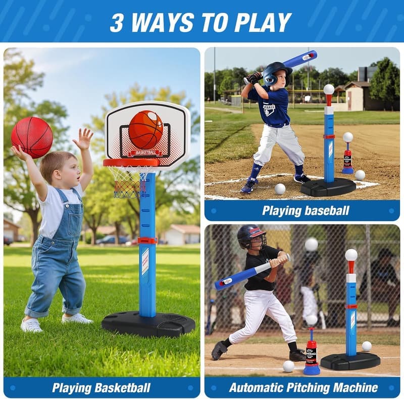 Adjustable Kids Basketball Hoop & T-Ball Set with Pitching Machine
