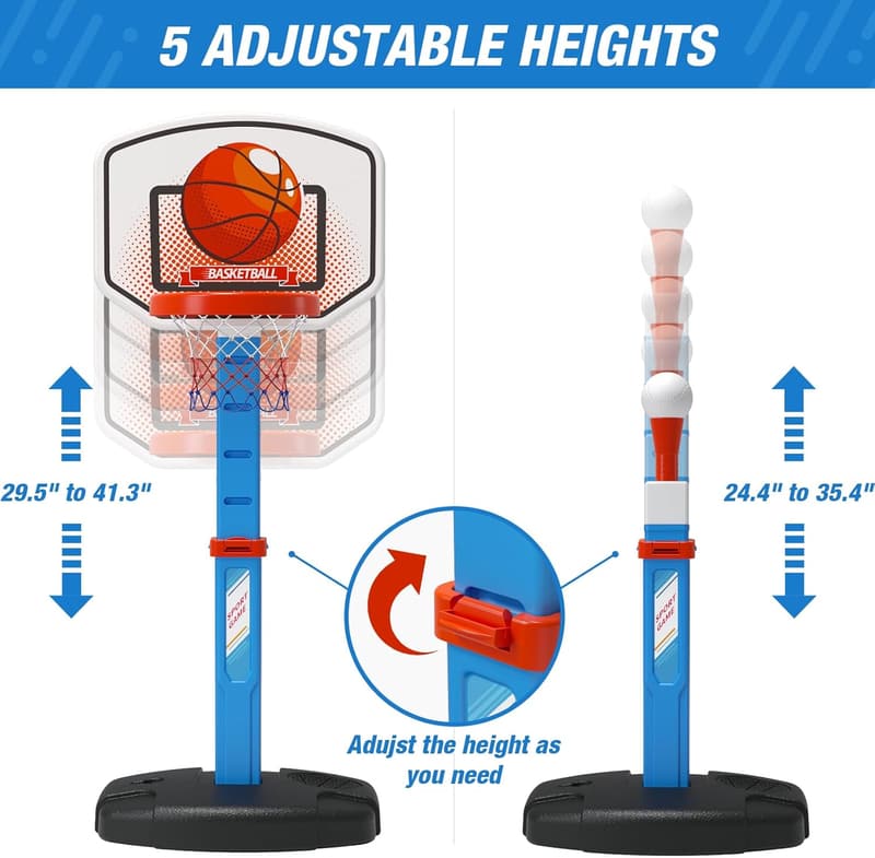 Adjustable Kids Basketball Hoop & T-Ball Set with Pitching Machine