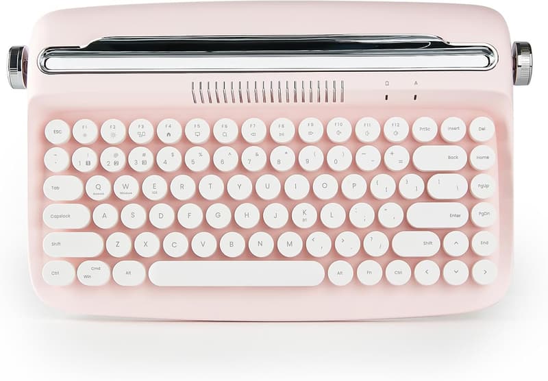 Cute Retro Wireless Typewriter Keyboard with Stand - Baby Pink