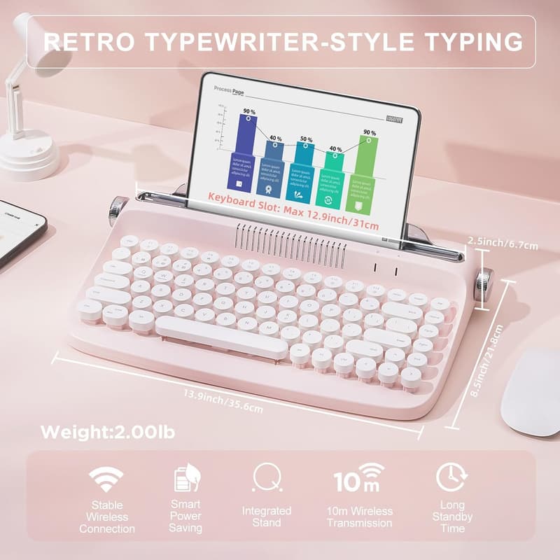 Cute Retro Wireless Typewriter Keyboard with Stand - Baby Pink