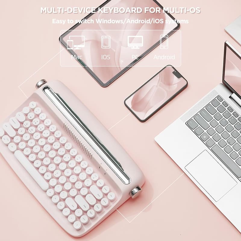 Cute Retro Wireless Typewriter Keyboard with Stand - Baby Pink