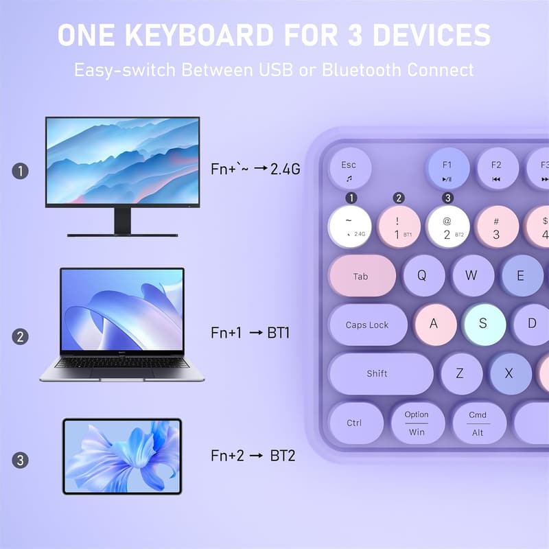Colorful Retro Bluetooth Keyboard - Multi-Device, Full-Size