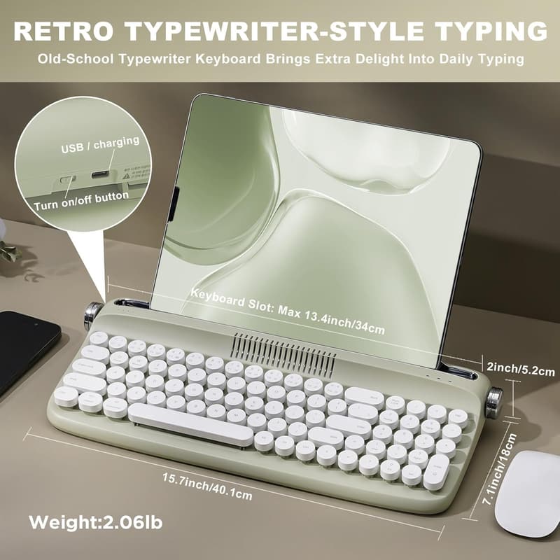 Retro Typewriter Wireless Keyboard with Stand, USB-C/Bluetooth