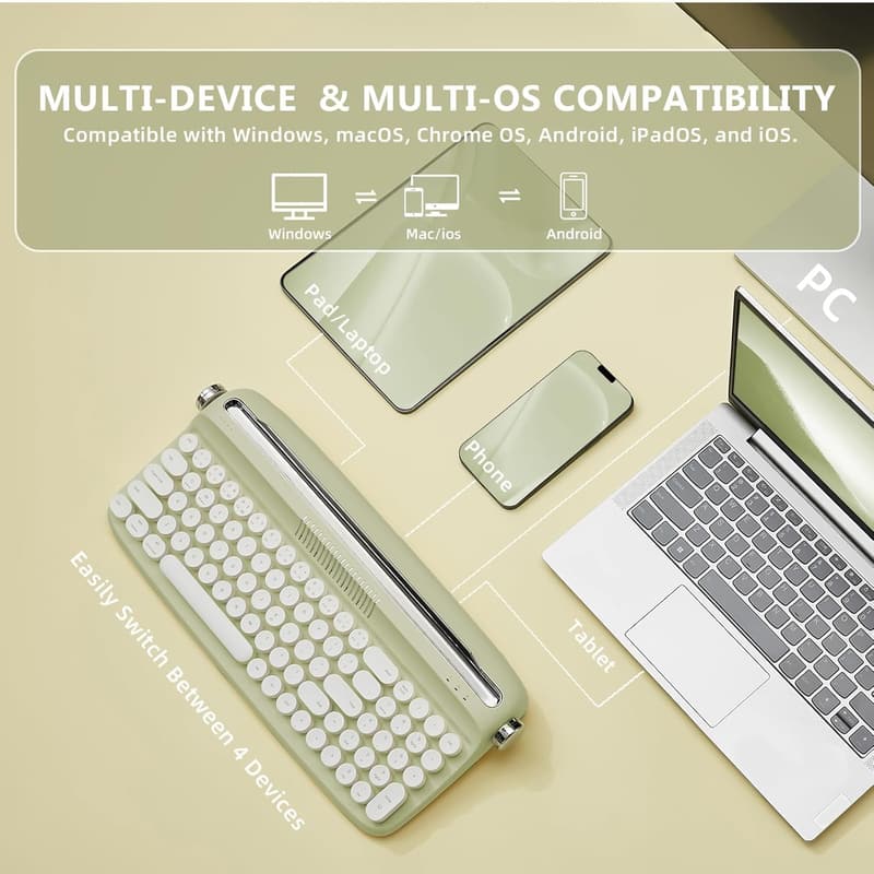 Retro Typewriter Wireless Keyboard with Stand, USB-C/Bluetooth