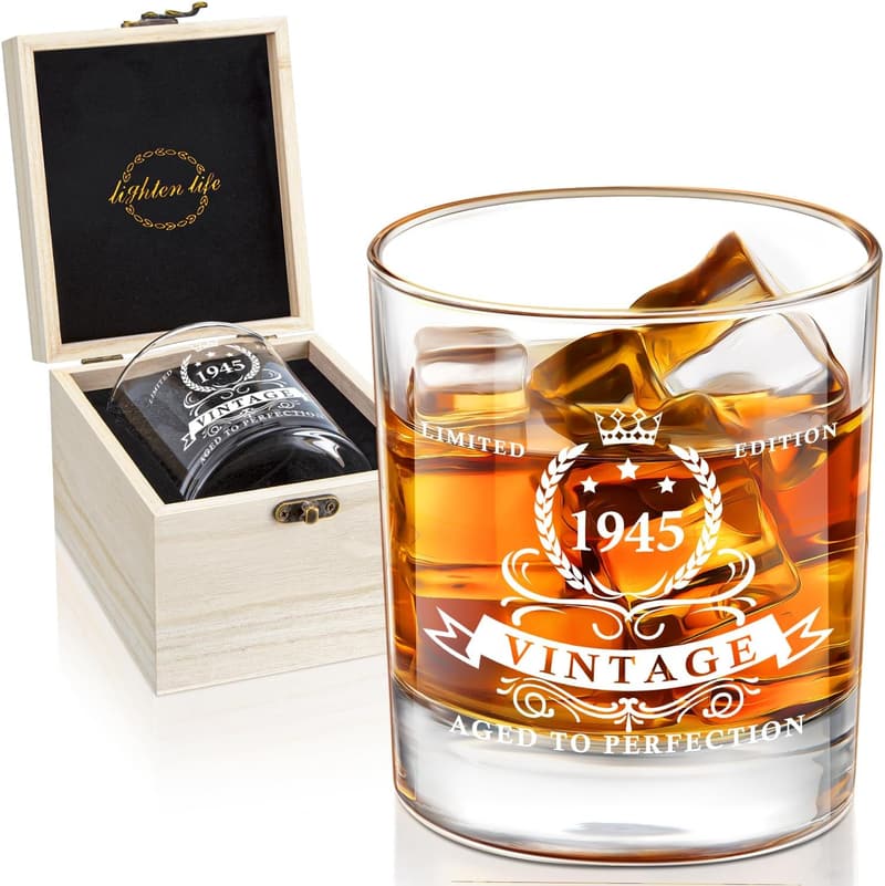 80th Birthday Whiskey Glass in Wooden Box for Men