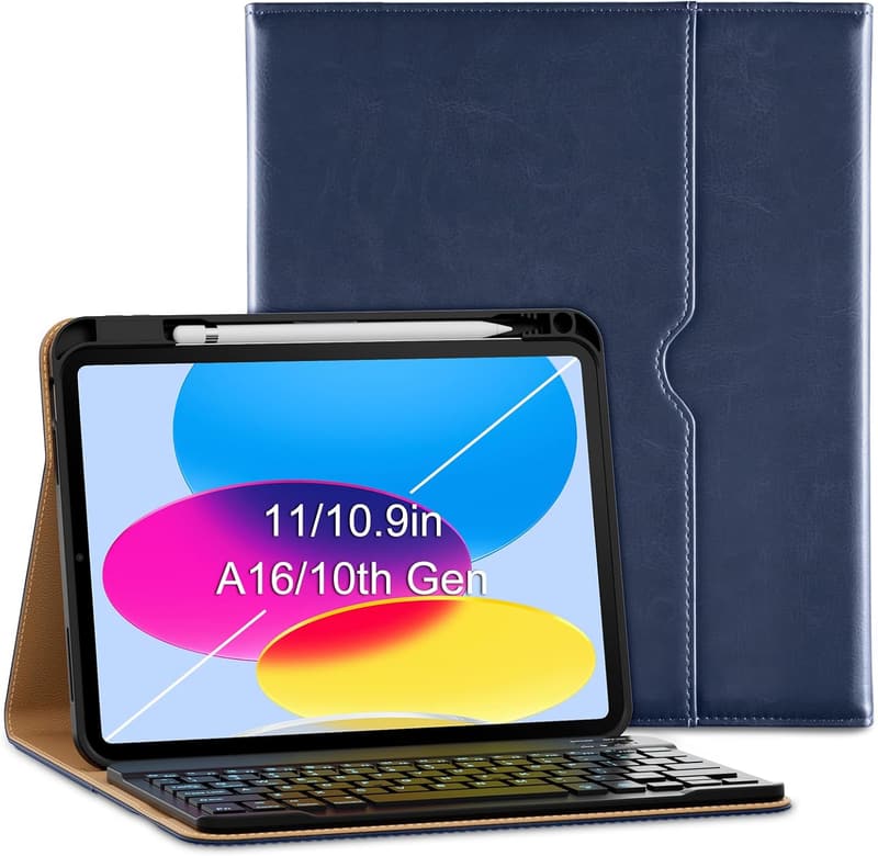 iPad 10th/11th Gen Keyboard Case, Premium Leather, Navy Blue