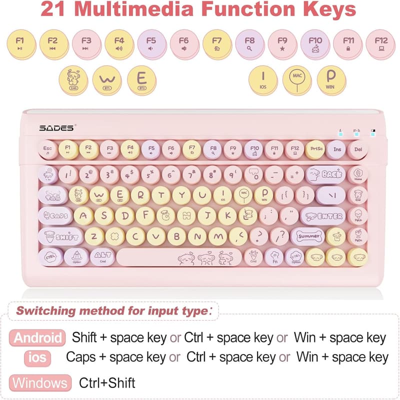Cute Typewriter-Style Pink Wireless Bluetooth Keyboard for iPads
