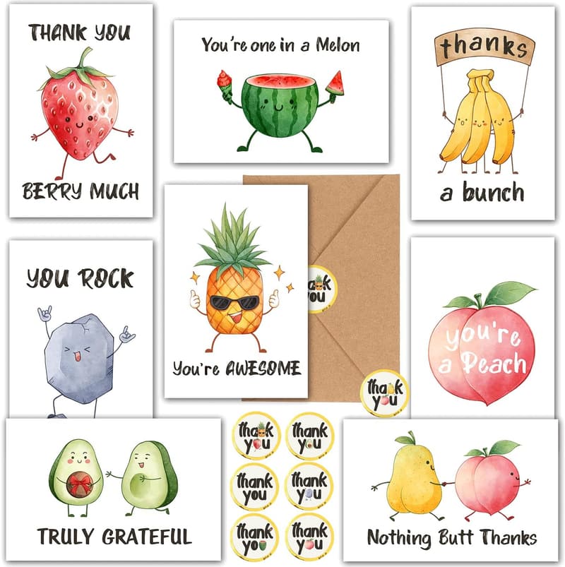 Funny Thank You Cards Bulk Set with Envelopes & Stickers