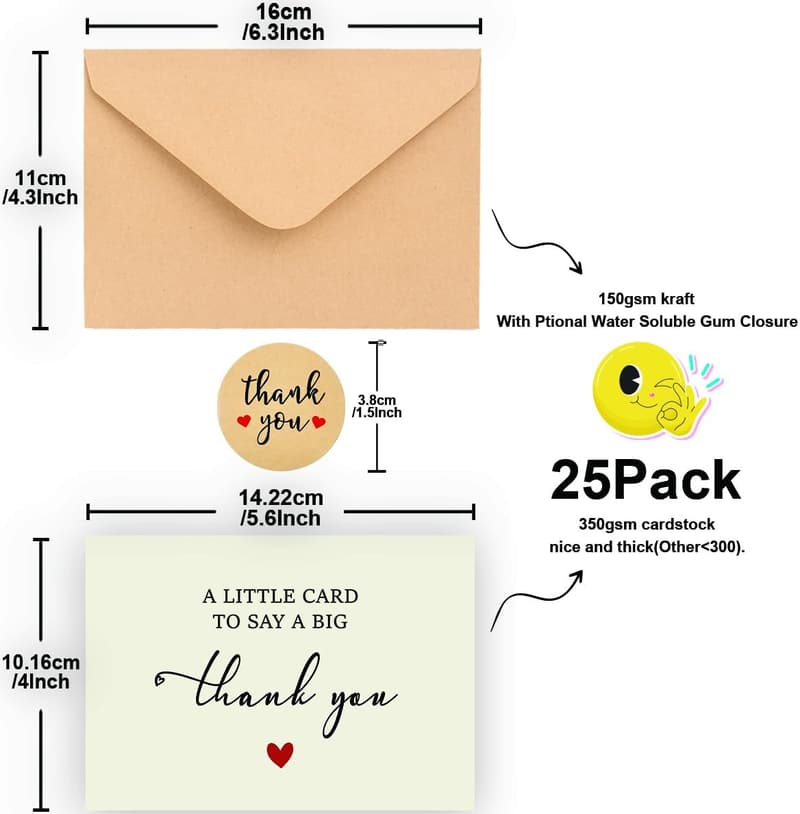 Thank You Cards 25-Pack with Envelopes for Baby Shower & Weddings