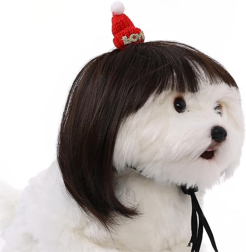 Christmas Dog Wig Costume for Small Dogs - Adjustable Headwear