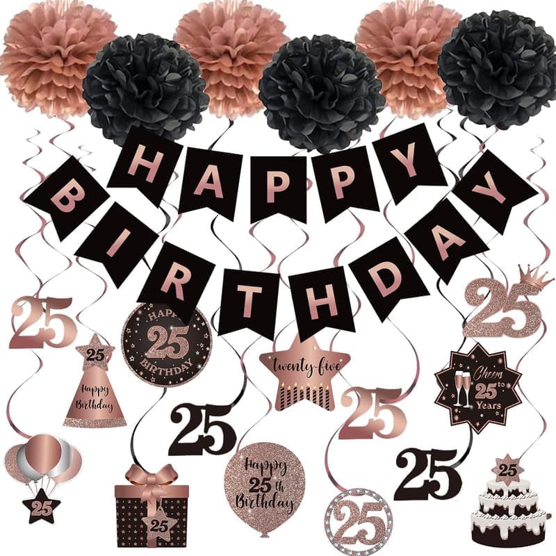 25th Birthday Rose Gold & Black Hanging Decorations