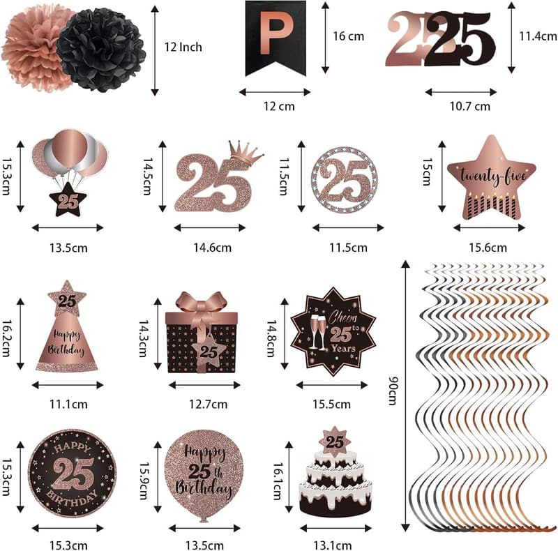 25th Birthday Rose Gold & Black Hanging Decorations