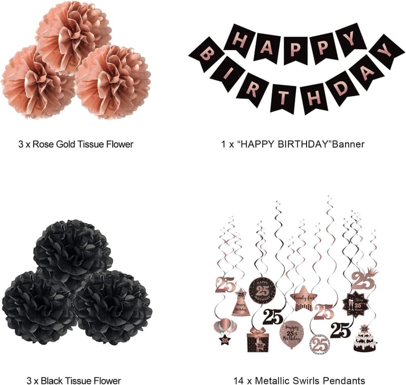 25th Birthday Rose Gold & Black Hanging Decorations