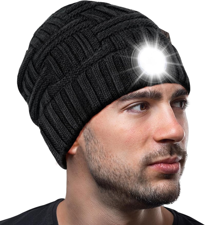 LED Beanie Hat for Men - Winter Cap with Light for Camping
