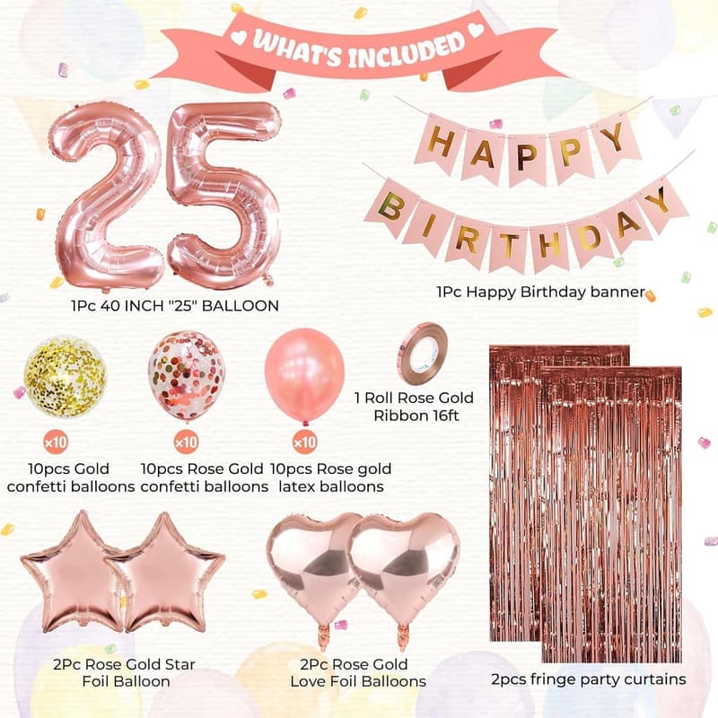 25th Birthday Rose Gold Decorations for Women