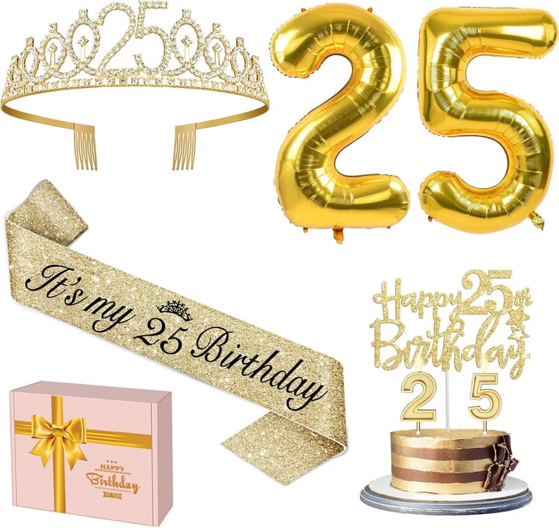 25th Birthday Decorations for Women - Sash, Crown, Balloons, Cake Topper