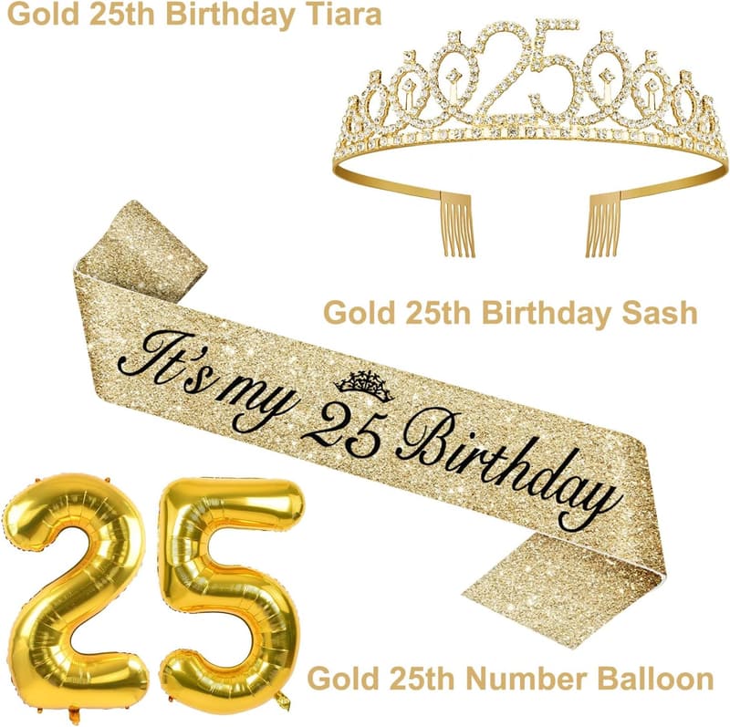 25th Birthday Decorations for Women - Sash, Crown, Balloons, Cake Topper