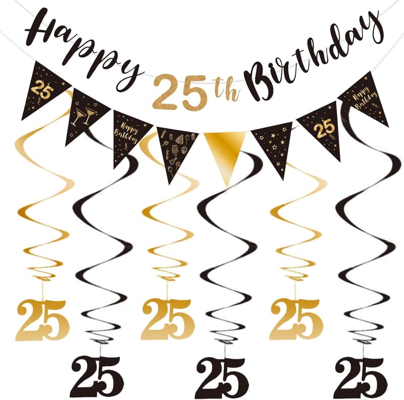 25th Birthday Decoration Kit - Black & Gold Banner & Streamers