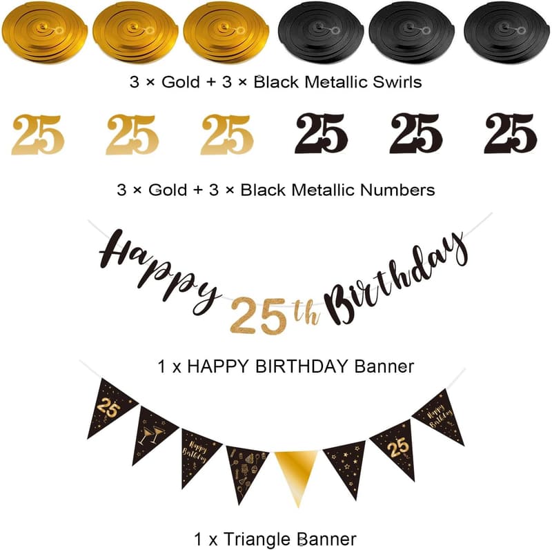 25th Birthday Decoration Kit - Black & Gold Banner & Streamers