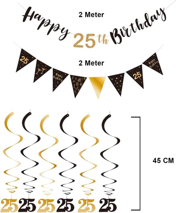 25th Birthday Decoration Kit - Black & Gold Banner & Streamers