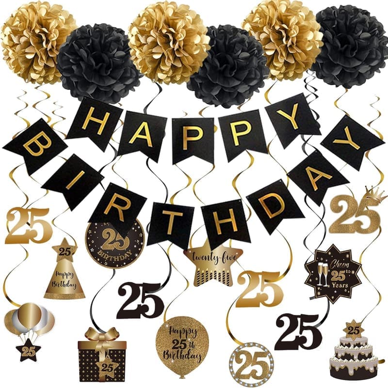 25th Birthday Hanging Streamers & Pompoms Decoration Set