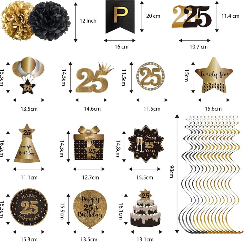 25th Birthday Hanging Streamers & Pompoms Decoration Set