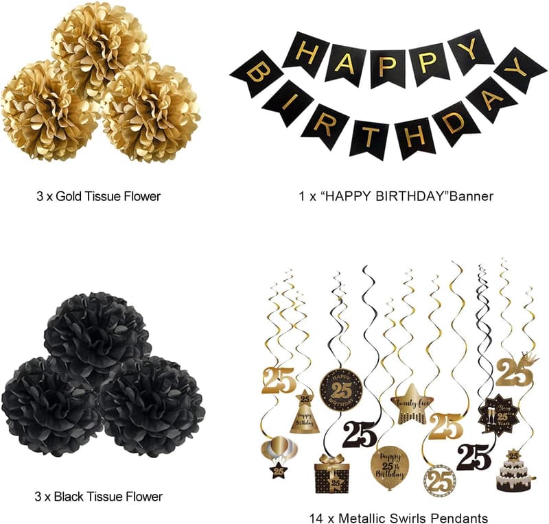 25th Birthday Hanging Streamers & Pompoms Decoration Set