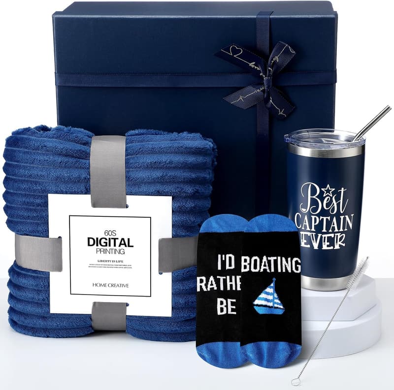 Nautical Gift Set for Men: Flannel Blanket, Tumbler & Socks