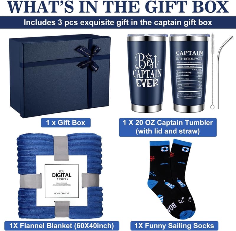Nautical Gift Set for Men: Flannel Blanket, Tumbler & Socks