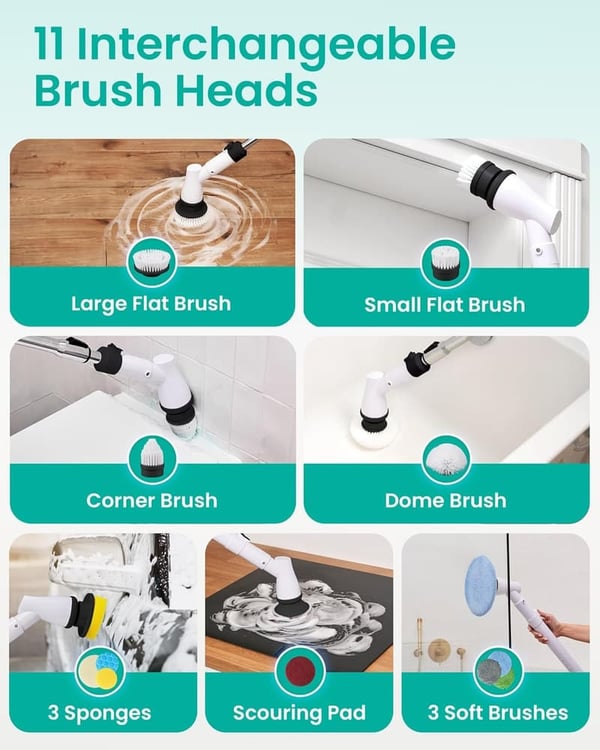 Cordless Electric Spin Scrubber with 11 Heads for Bathroom Cleaning