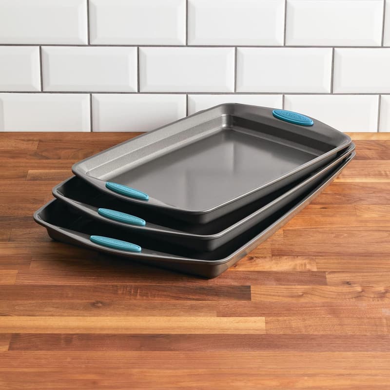 Nonstick 3-Piece Cookie Pan Set with Agave Blue Grips