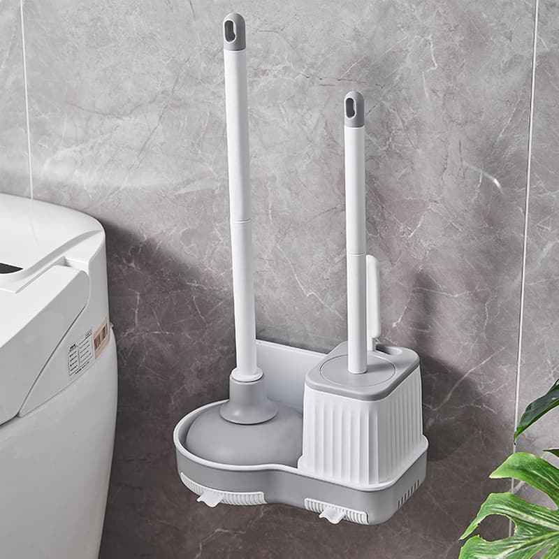 Toilet Brush and Plunger Set with Crevice Cleaner - Space Saving