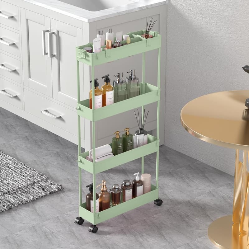 Slim 4-Tier Rolling Storage Cart for Bathroom & Home, Green