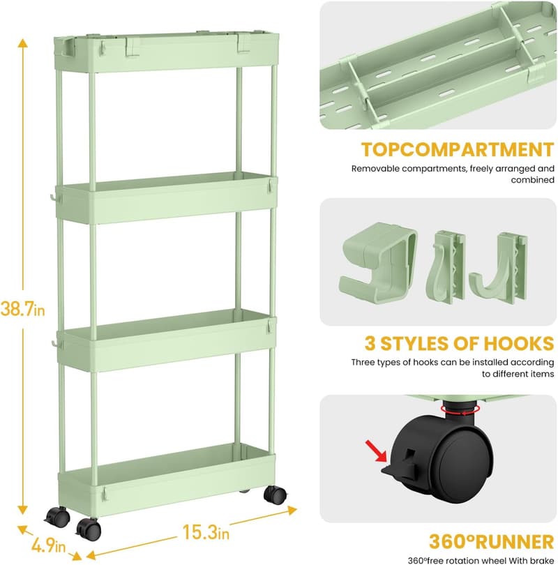 Slim 4-Tier Rolling Storage Cart for Bathroom & Home, Green
