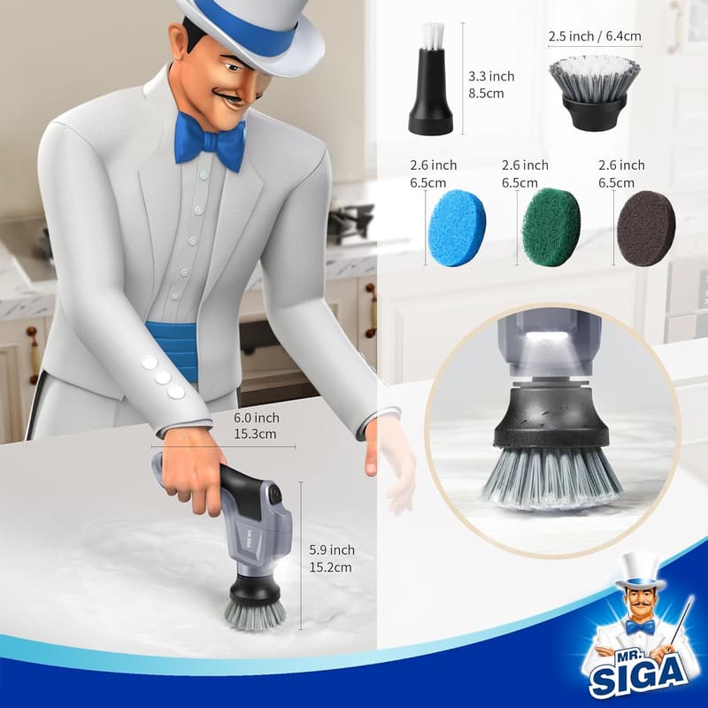 Cordless Electric Spin Scrubber with 5 Cleaning Brushes and Pads