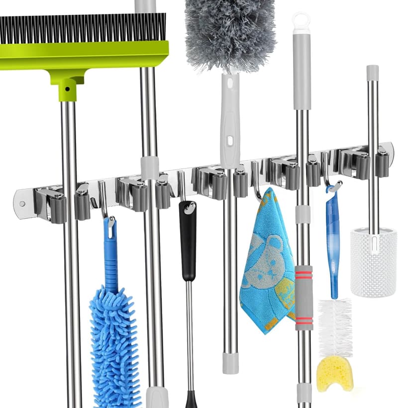 Heavy-Duty Wall-Mount Mop and Broom Holder with 5 Racks & 4 Hooks